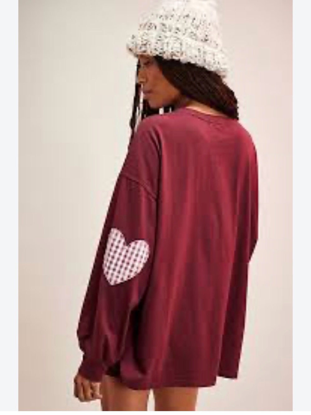 NEW Daydreamer Women’s Gingham Maroon Heart-Elbow Patch Long Sleeve Top - Picture 2 of 6